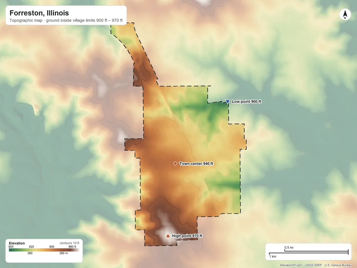 Topographic elevation map of Forreston, Illinois, shaded from 900 ft on the northeast side to 970 ft on the south side