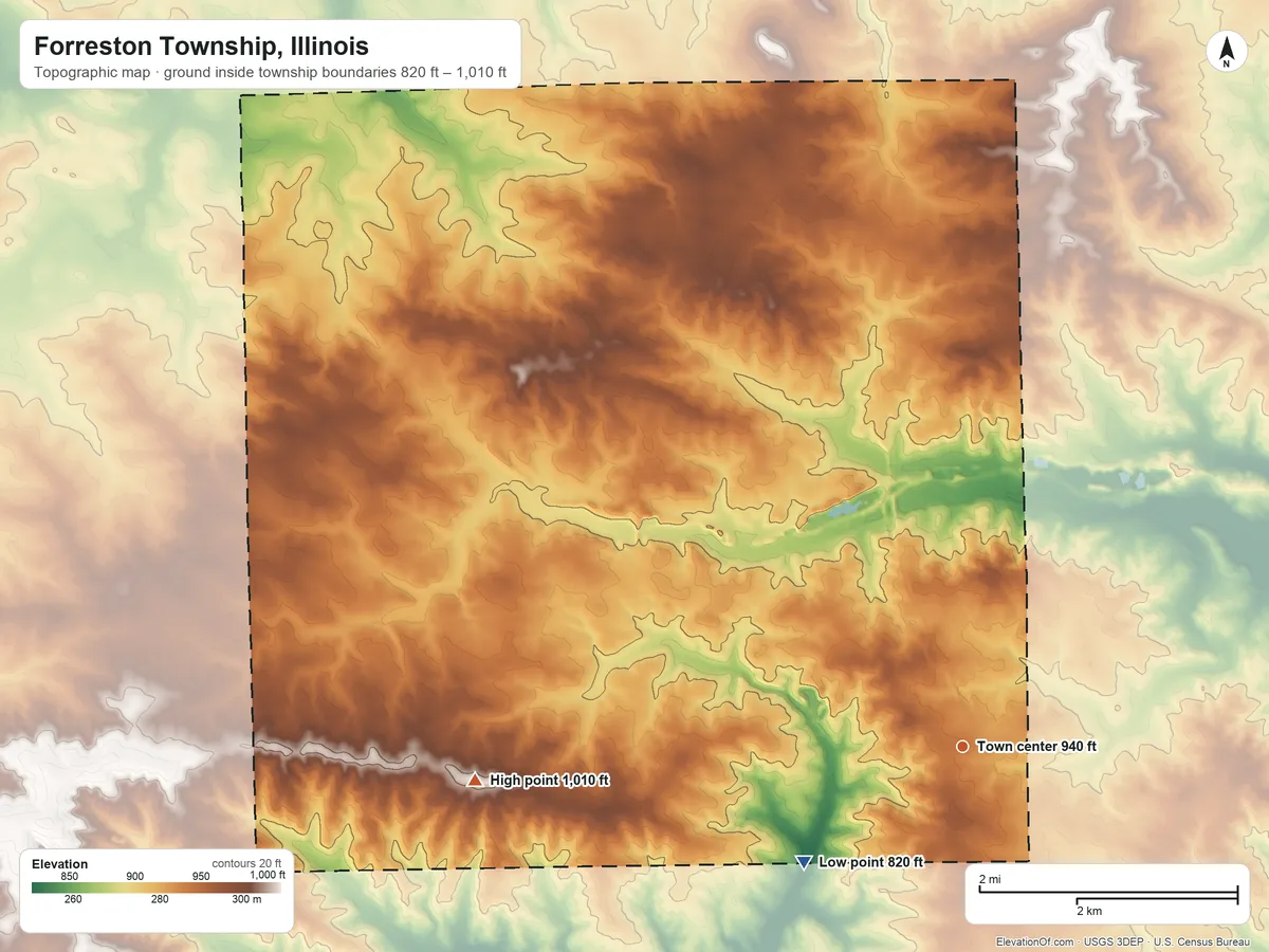 Topographic elevation map of Forreston Township, Illinois, shaded from 820 ft on the southwest side to 1,010 ft on the west side
