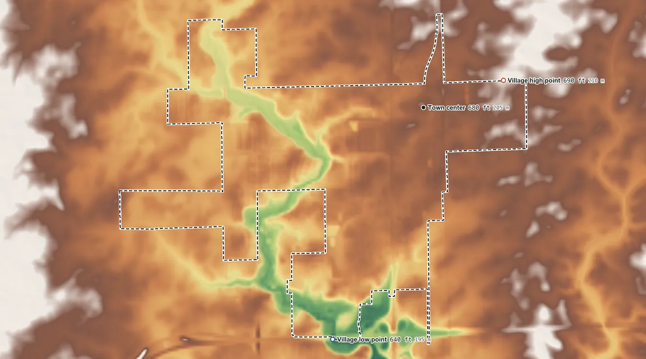 Topographic elevation map of Forsyth, Illinois, shaded from 640 ft on the south side to 690 ft on the east side
