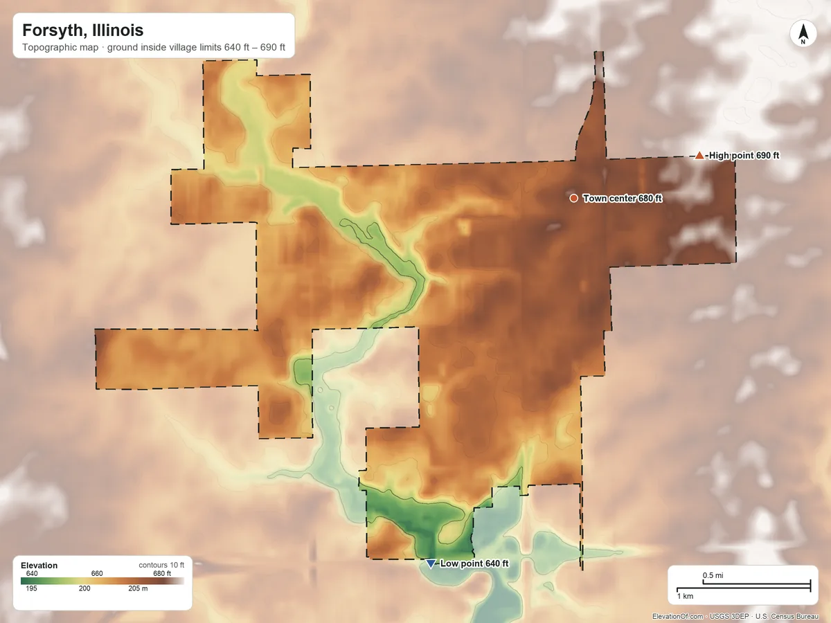 Topographic elevation map of Forsyth, Illinois, shaded from 640 ft on the south side to 690 ft on the east side