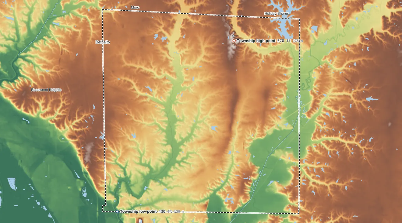 Topographic elevation map of Fort Russell Township, Illinois, shaded from 430 ft on the south side to 570 ft on the northeast side