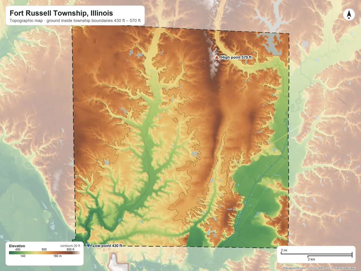 Topographic elevation map of Fort Russell Township, Illinois, shaded from 430 ft on the south side to 570 ft on the northeast side
