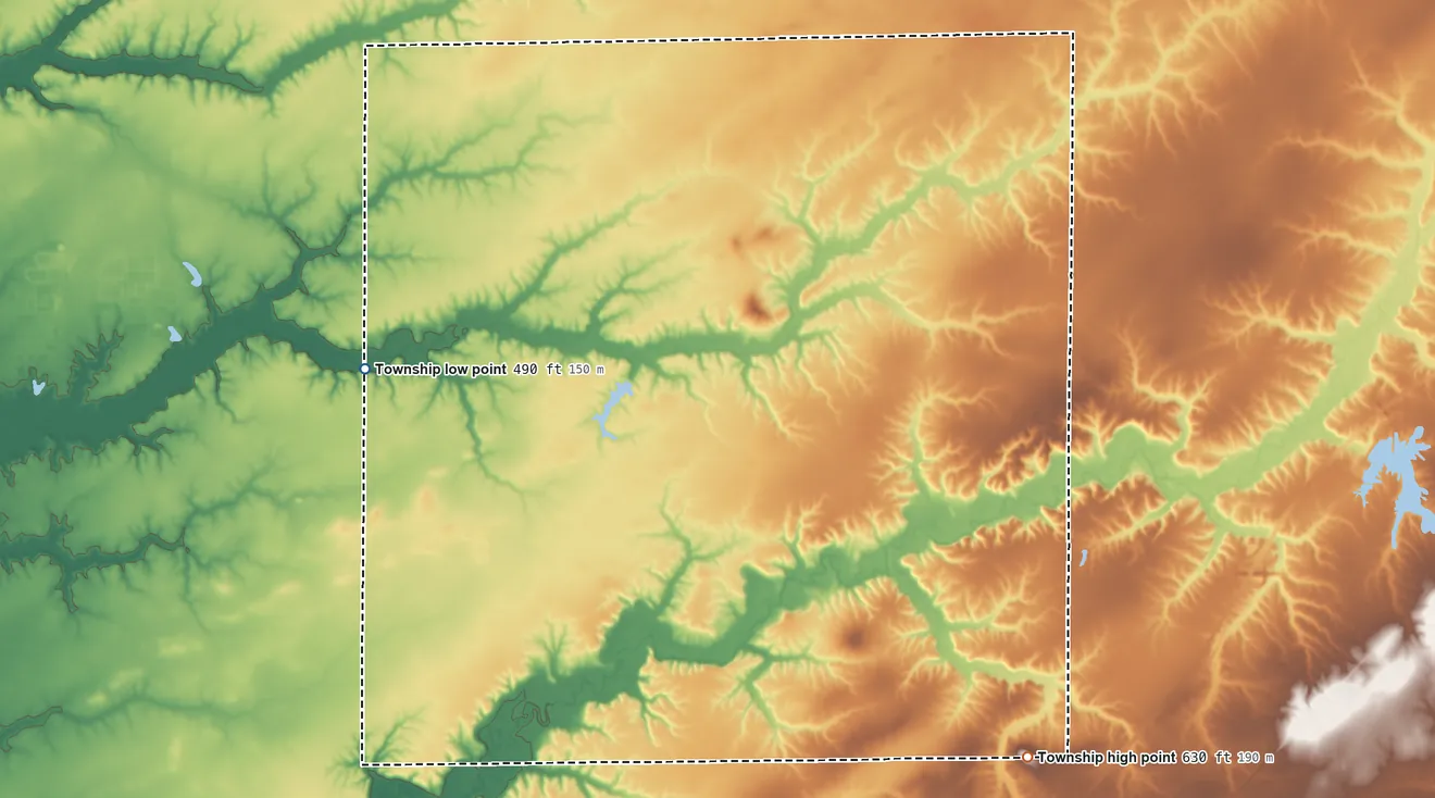 Topographic elevation map of Foster Township, Marion County, Illinois, shaded from 490 ft on the west side to 630 ft on the southeast side