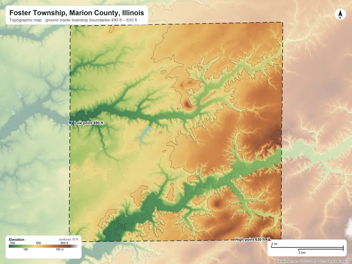 Topographic elevation map of Foster Township, Marion County, Illinois, shaded from 490 ft on the west side to 630 ft on the southeast side