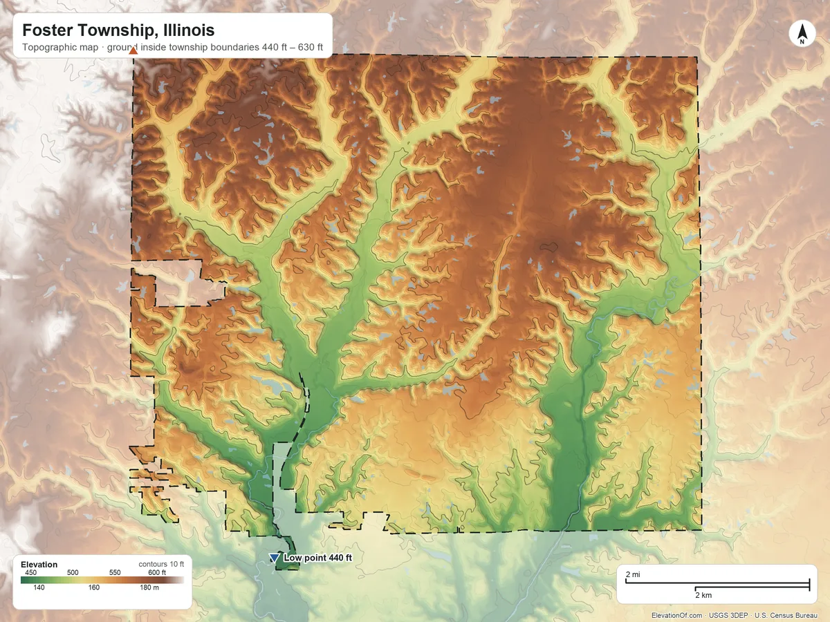 Topographic elevation map of Foster Township, Illinois, shaded from 440 ft on the southwest side to 630 ft on the northwest side