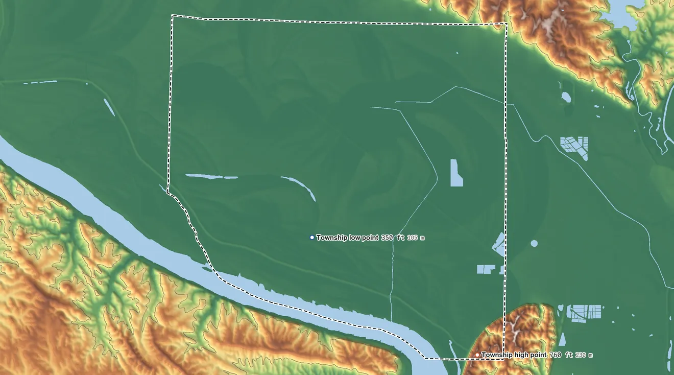Topographic elevation map of Fountain Bluff Township, Illinois, shaded from 350 ft on the southwest side to 760 ft on the southeast side