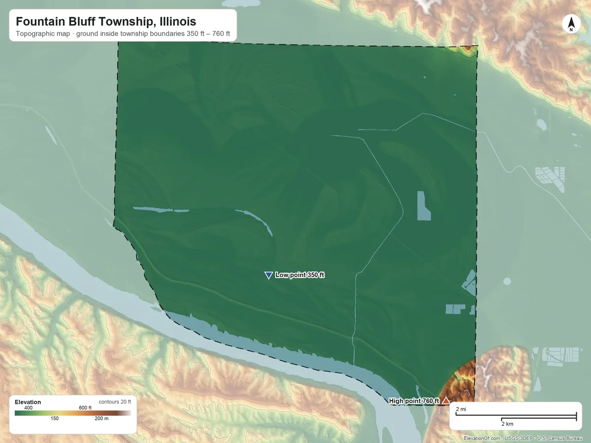 Topographic elevation map of Fountain Bluff Township, Illinois, shaded from 350 ft on the southwest side to 760 ft on the southeast side