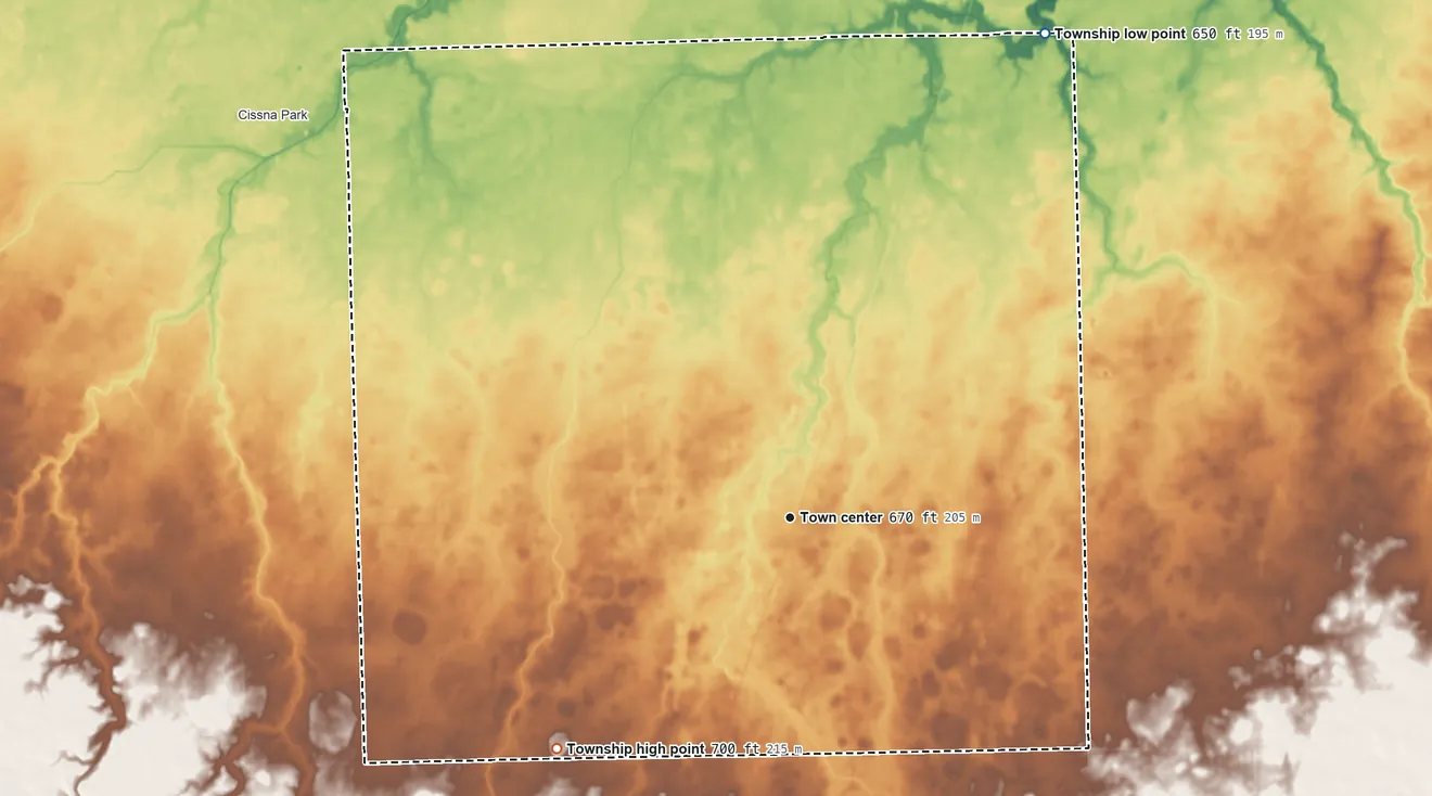 Topographic elevation map of Fountain Creek Township, Illinois, shaded from 650 ft on the northeast side to 700 ft on the southwest side