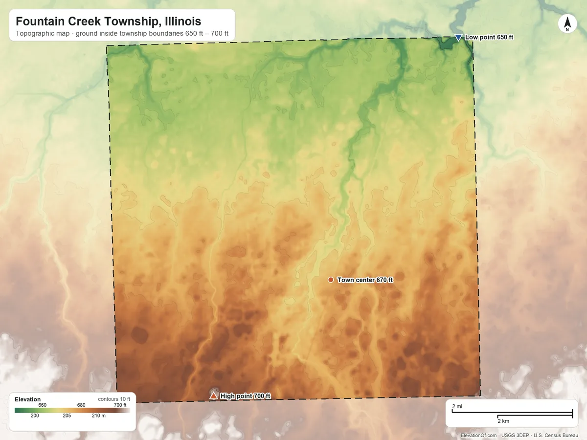 Topographic elevation map of Fountain Creek Township, Illinois, shaded from 650 ft on the northeast side to 700 ft on the southwest side