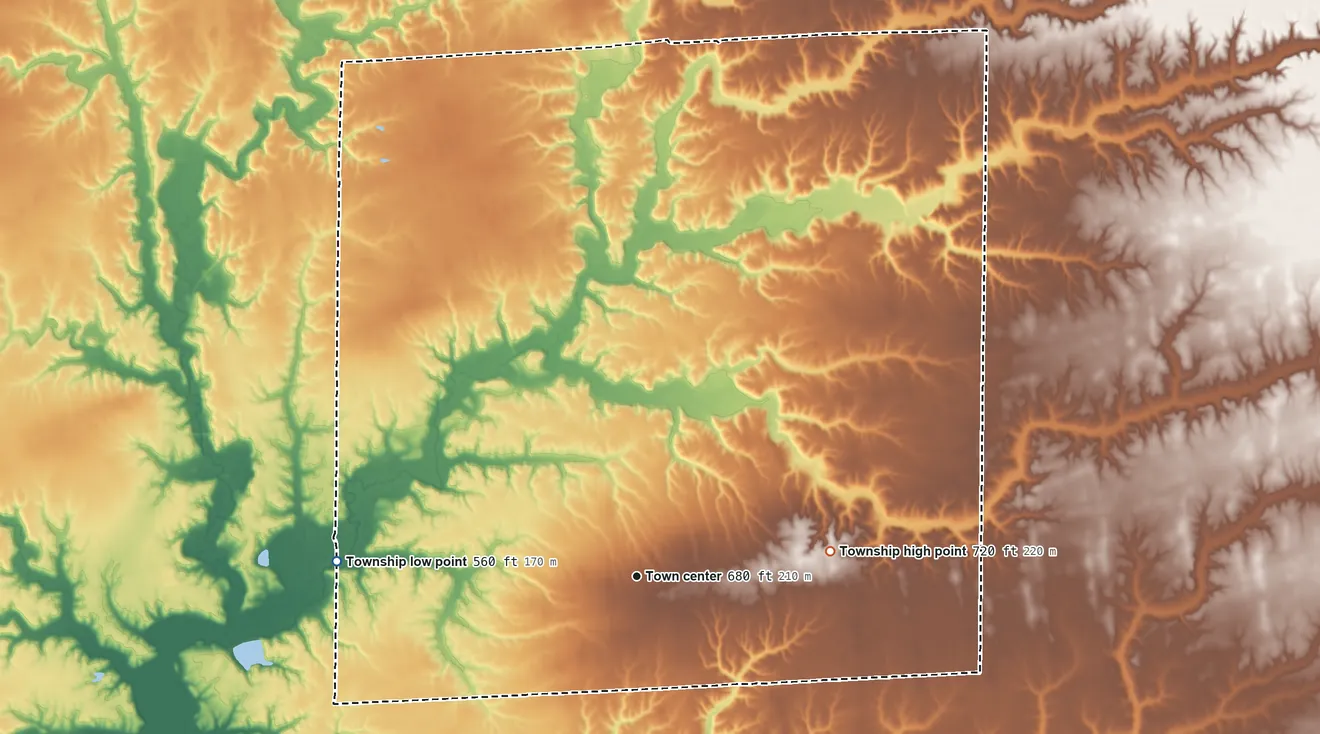 Topographic elevation map of Fountain Green Township, Illinois, shaded from 560 ft on the west side to 720 ft on the east side
