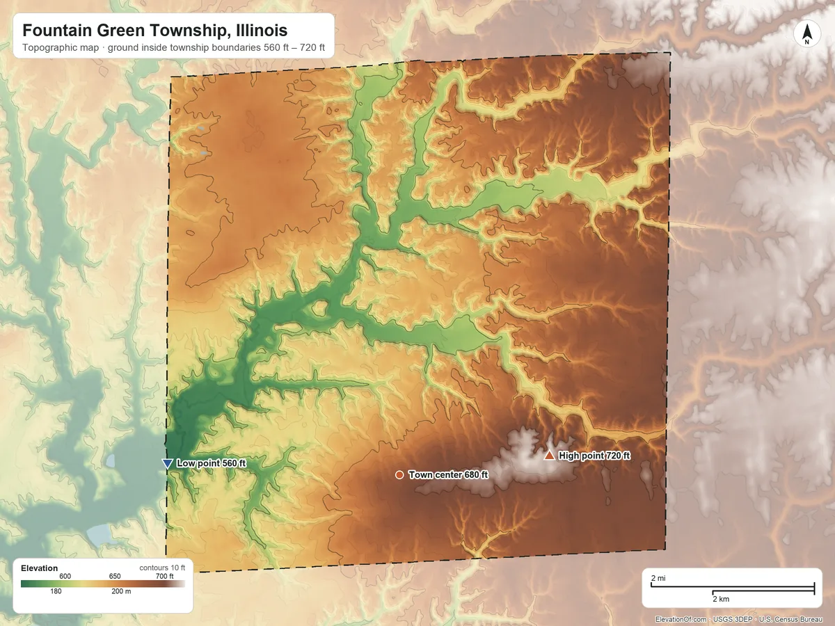 Topographic elevation map of Fountain Green Township, Illinois, shaded from 560 ft on the west side to 720 ft on the east side