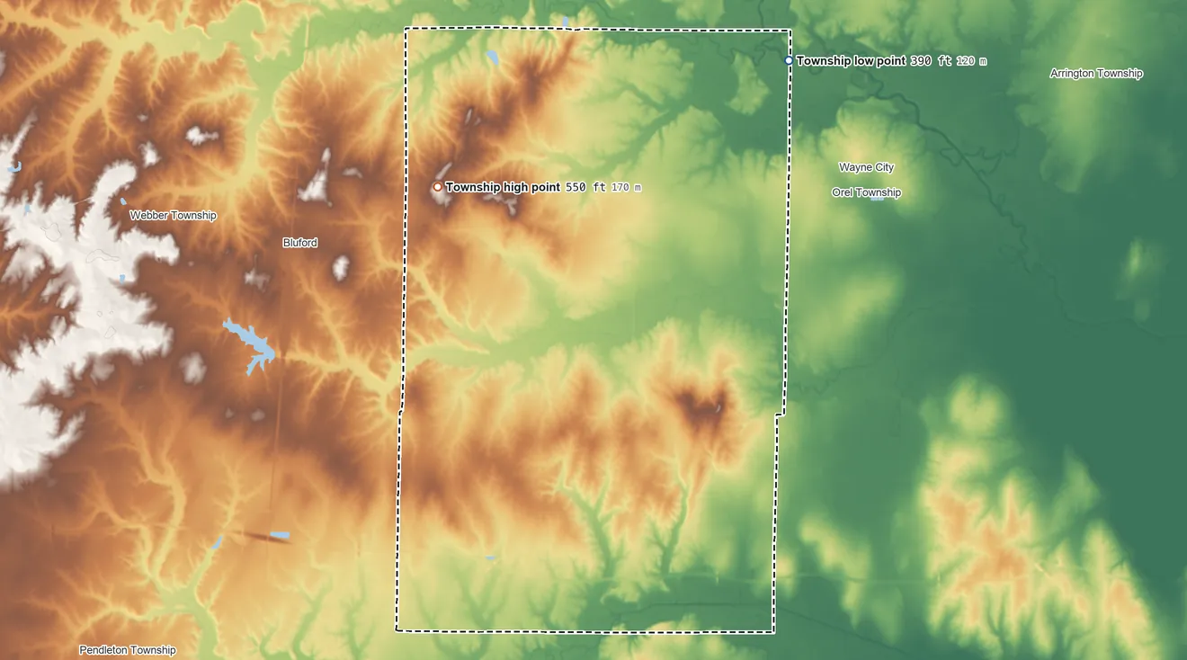 Topographic elevation map of Four Mile Township, Illinois, shaded from 390 ft on the northeast side to 550 ft on the northwest side