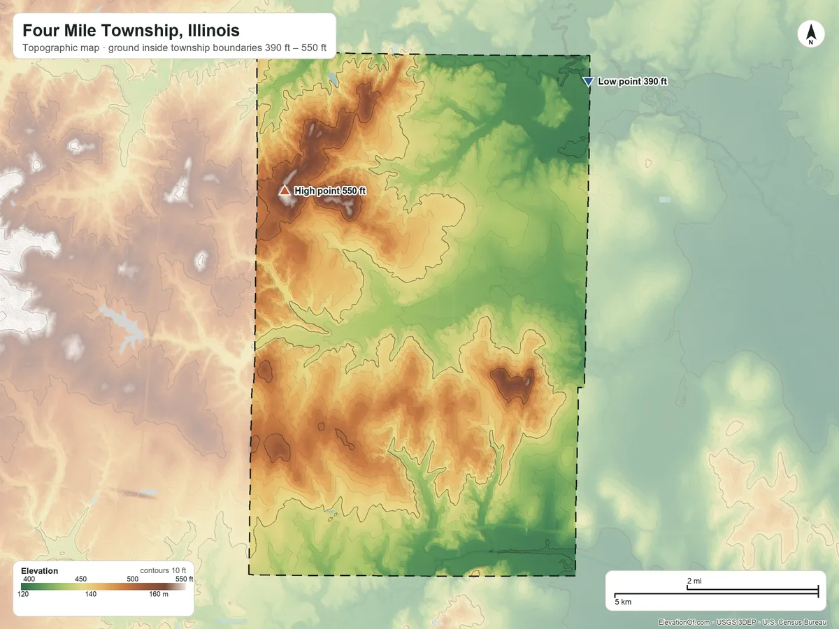 Topographic elevation map of Four Mile Township, Illinois, shaded from 390 ft on the northeast side to 550 ft on the northwest side