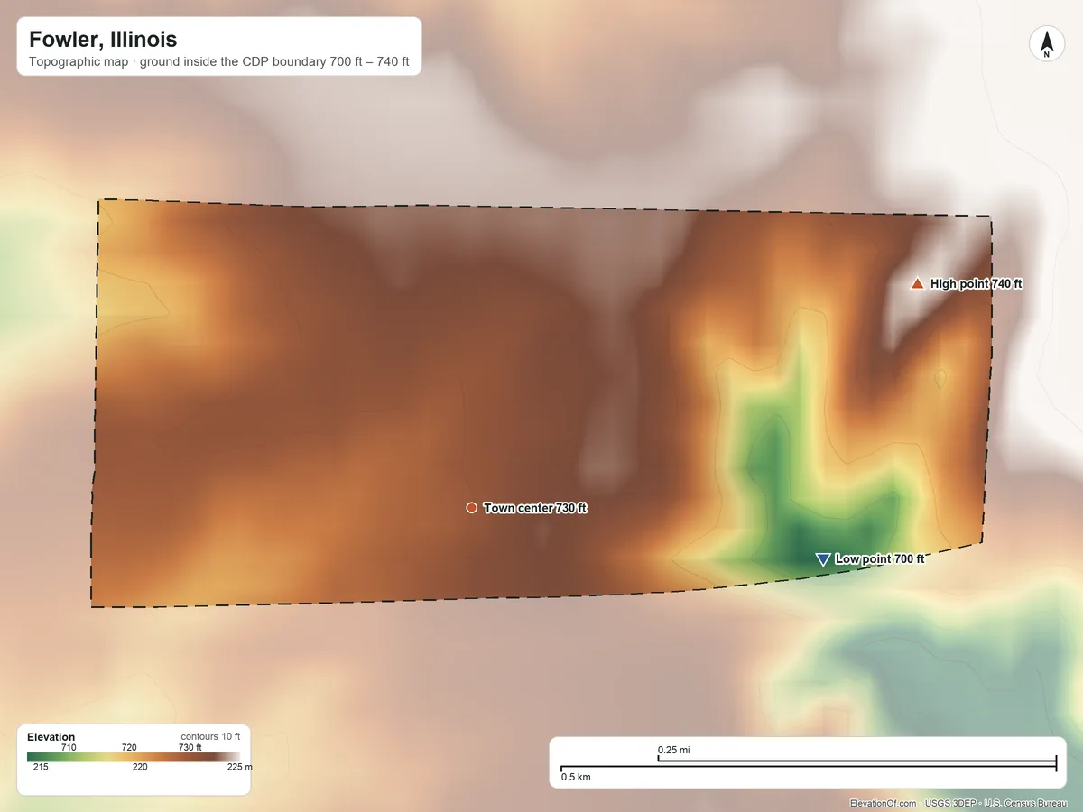 Topographic elevation map of Fowler, Illinois, shaded from 700 ft on the east side to 740 ft on the northeast side