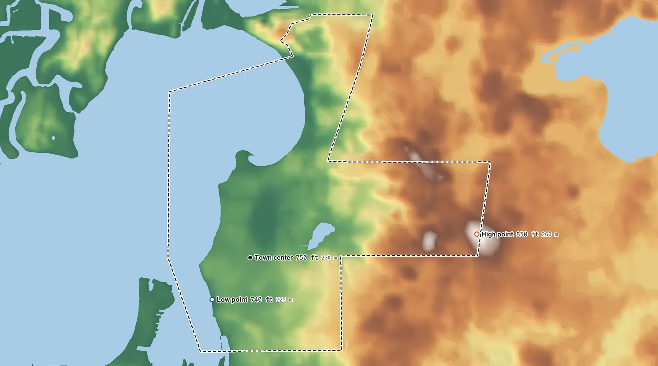 Topographic elevation map of Fox Lake Hills, Illinois, shaded from 740 ft on the southwest side to 850 ft on the east side