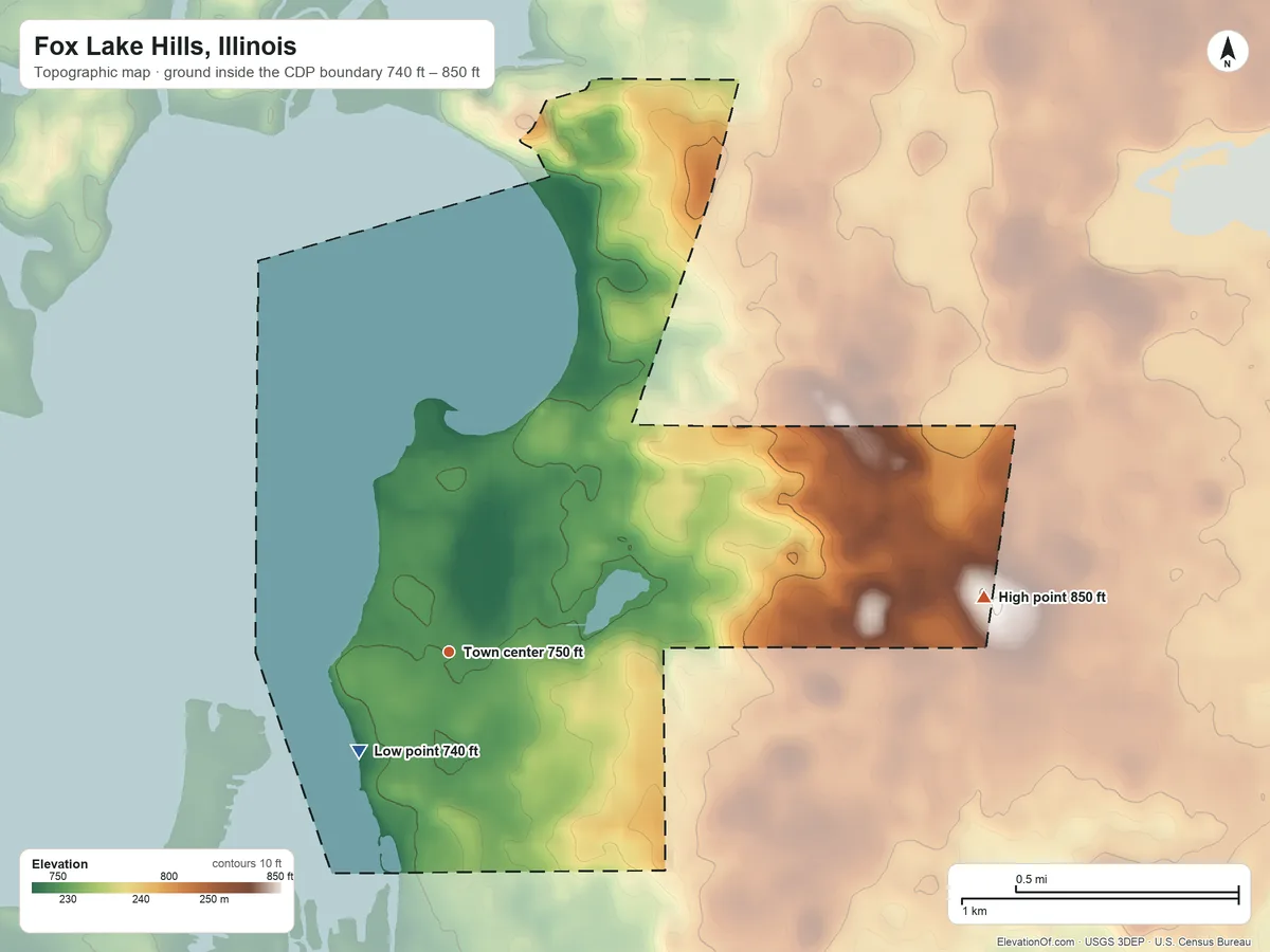 Topographic elevation map of Fox Lake Hills, Illinois, shaded from 740 ft on the southwest side to 850 ft on the east side