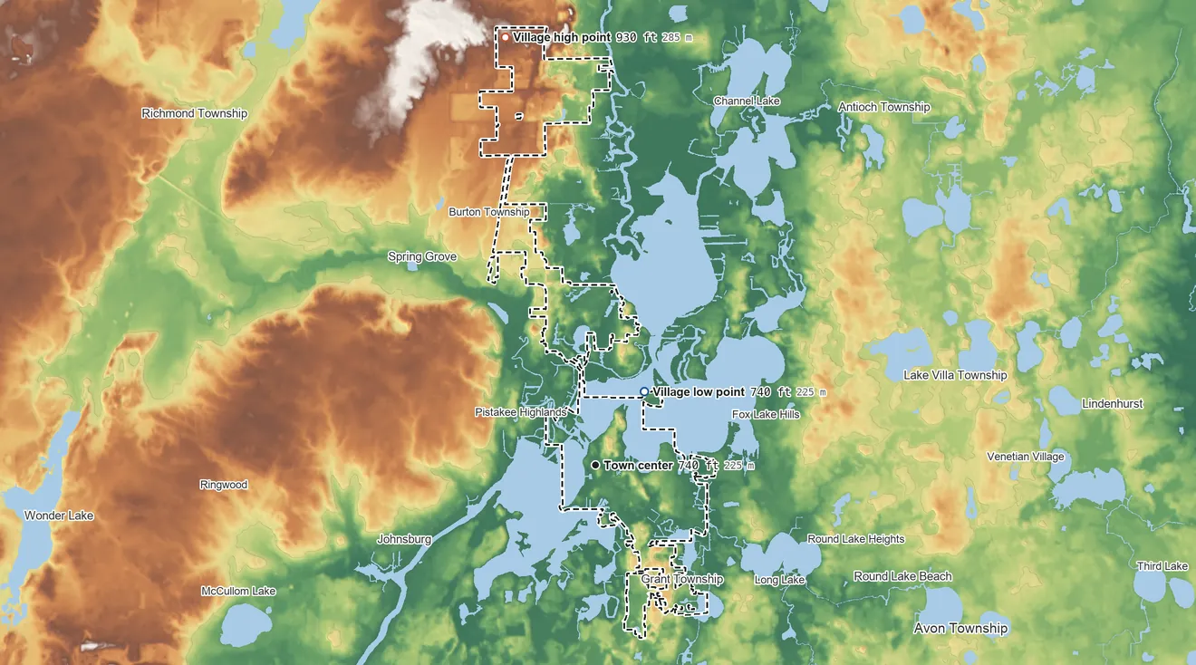 Topographic elevation map of Fox Lake, Illinois, shaded from 740 ft on the northeast side to 930 ft on the north side