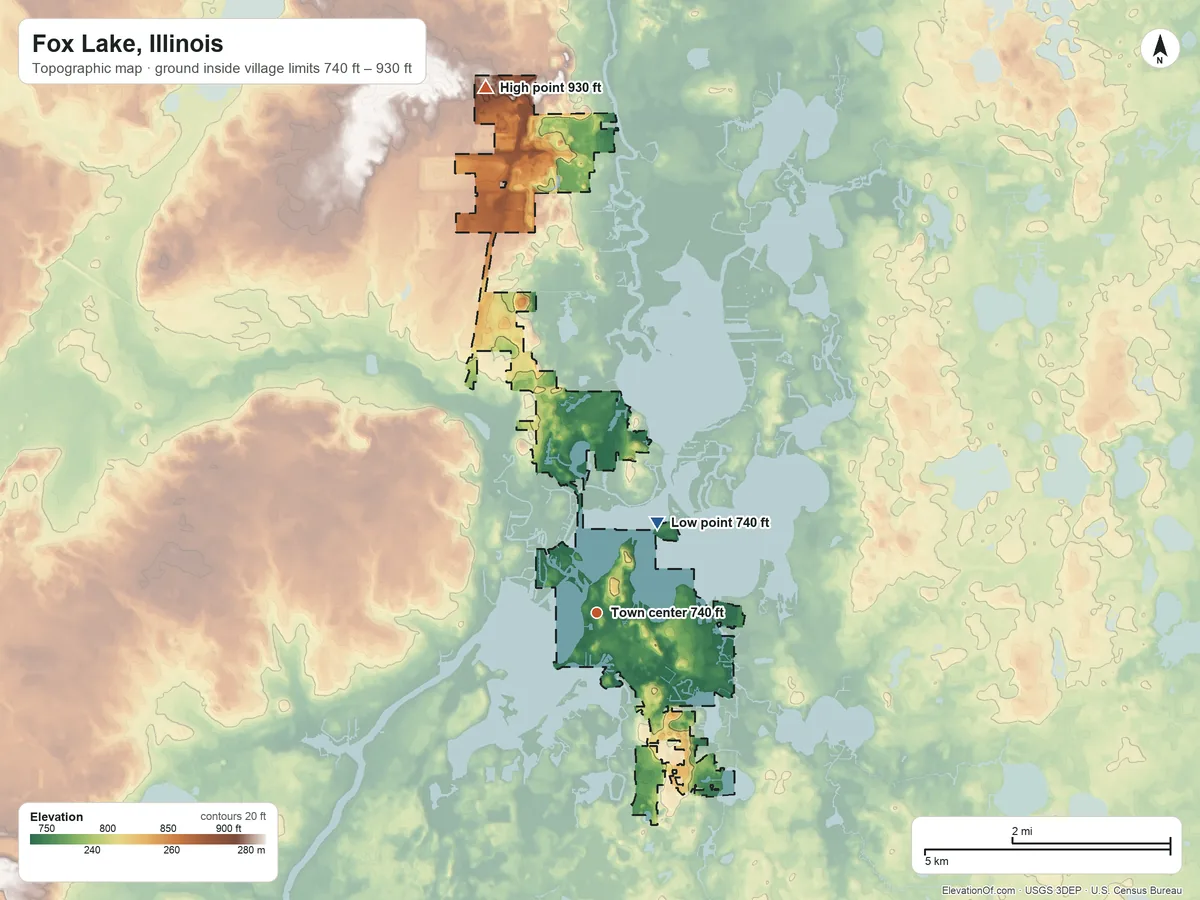 Topographic elevation map of Fox Lake, Illinois, shaded from 740 ft on the northeast side to 930 ft on the north side
