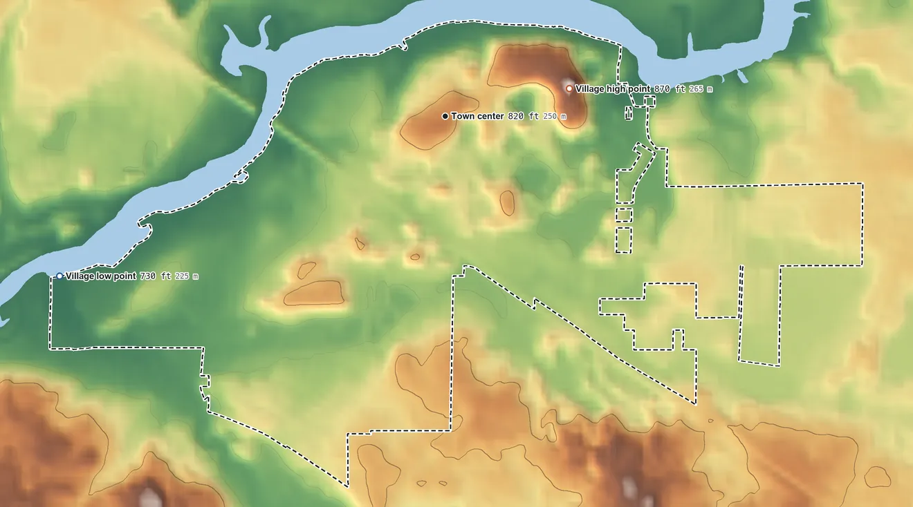 Topographic elevation map of Fox River Grove, Illinois, shaded from 730 ft on the southwest side to 870 ft on the east side