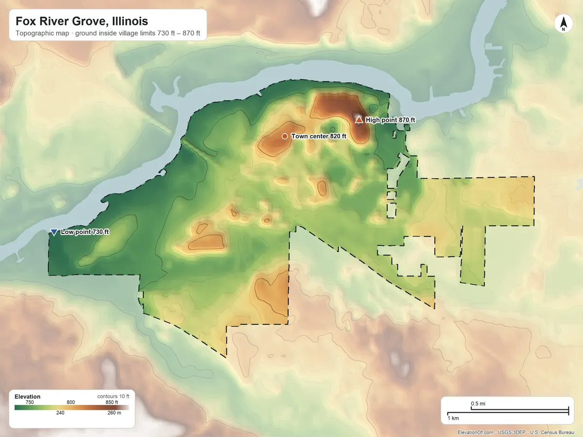 Topographic elevation map of Fox River Grove, Illinois, shaded from 730 ft on the southwest side to 870 ft on the east side