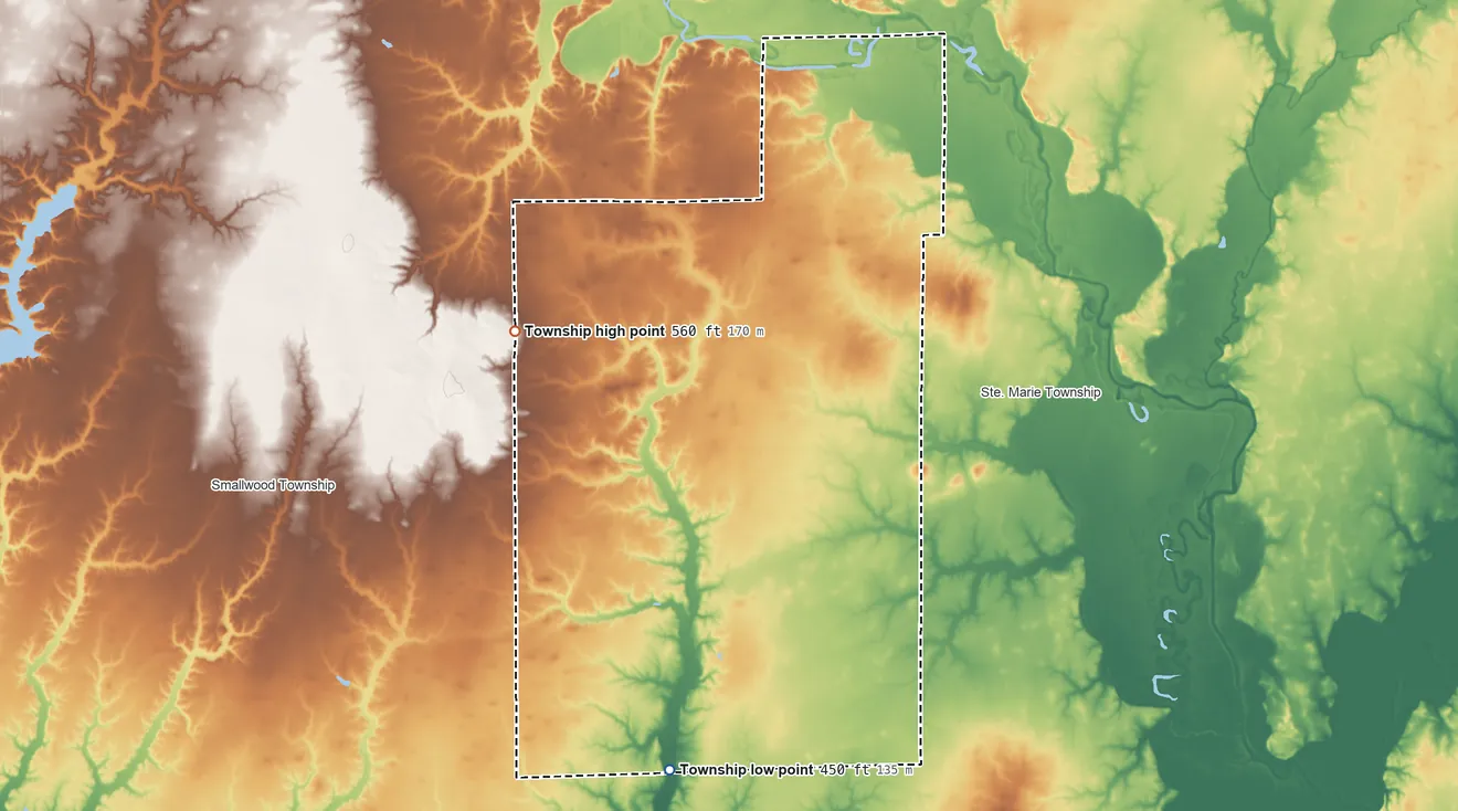 Topographic elevation map of Fox Township, Jasper County, Illinois, shaded from 450 ft on the south side to 560 ft on the northwest side