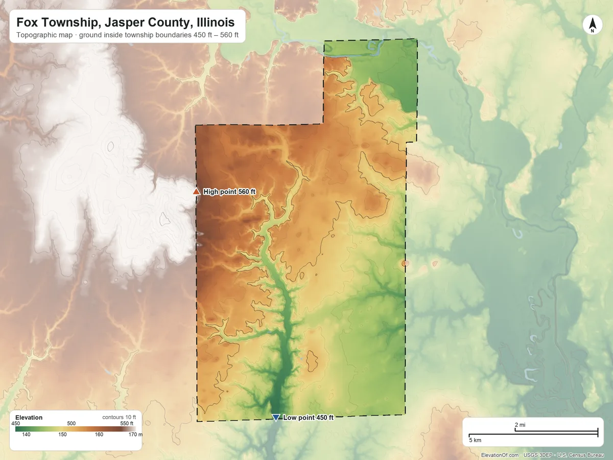 Topographic elevation map of Fox Township, Jasper County, Illinois, shaded from 450 ft on the south side to 560 ft on the northwest side