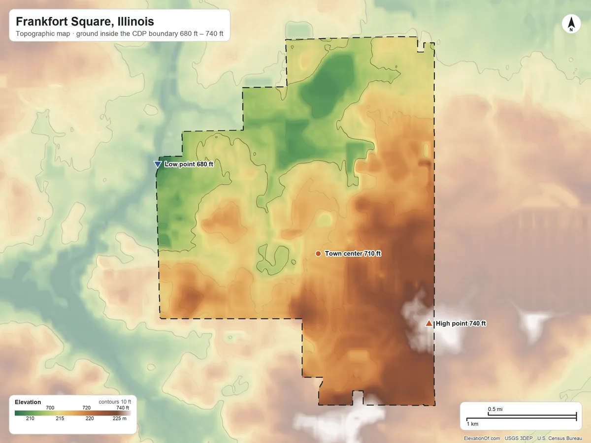 Topographic elevation map of Frankfort Square, Illinois, shaded from 680 ft on the northwest side to 740 ft on the southeast side