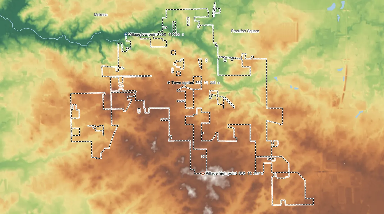 Topographic elevation map of Frankfort, Illinois, shaded from 660 ft on the northwest side to 810 ft on the south side