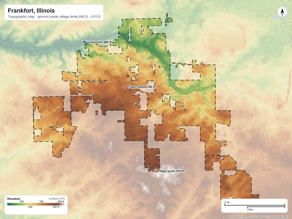 Topographic elevation map of Frankfort, Illinois, shaded from 660 ft on the northwest side to 810 ft on the south side