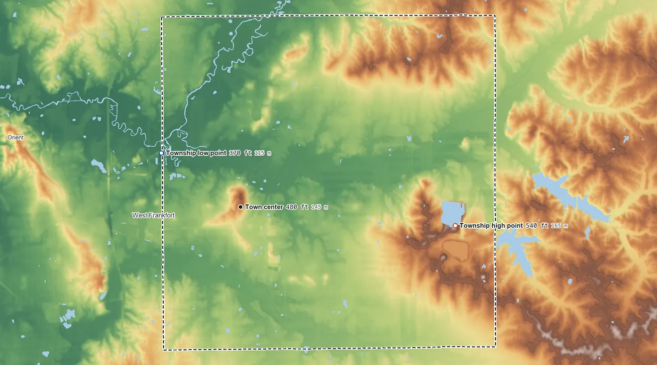 Topographic elevation map of Frankfort Township, Franklin County, Illinois, shaded from 370 ft on the northwest side to 540 ft on the east side