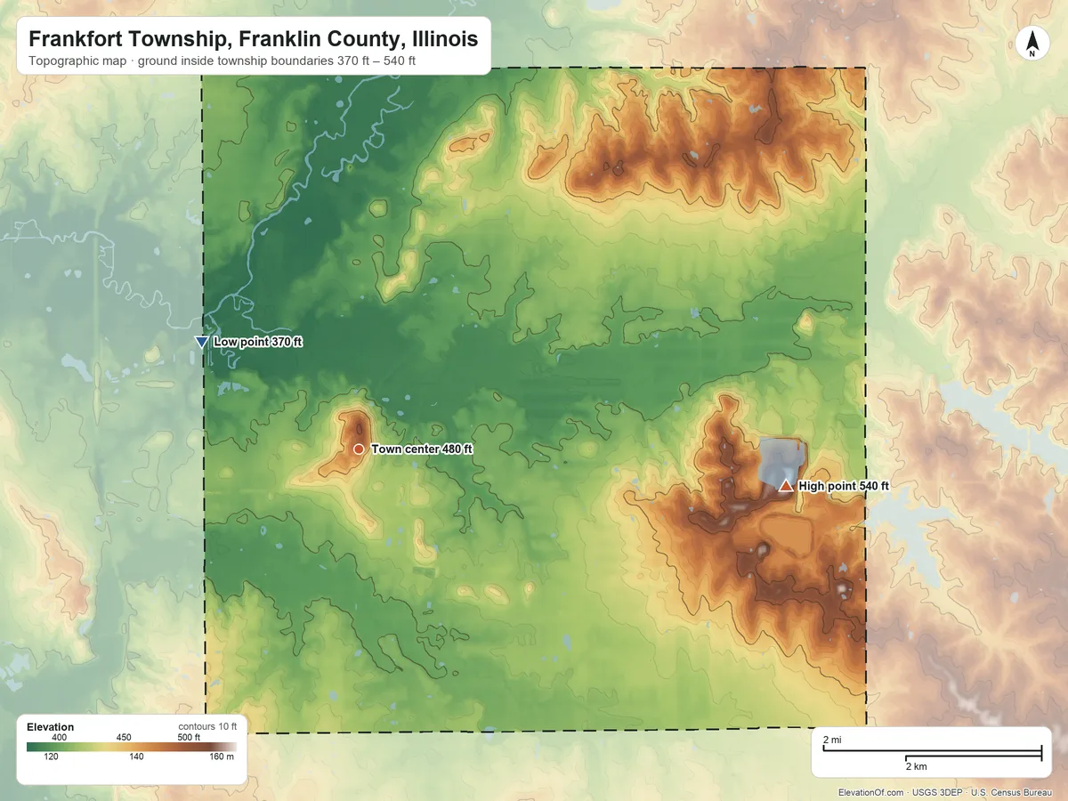 Topographic elevation map of Frankfort Township, Franklin County, Illinois, shaded from 370 ft on the northwest side to 540 ft on the east side