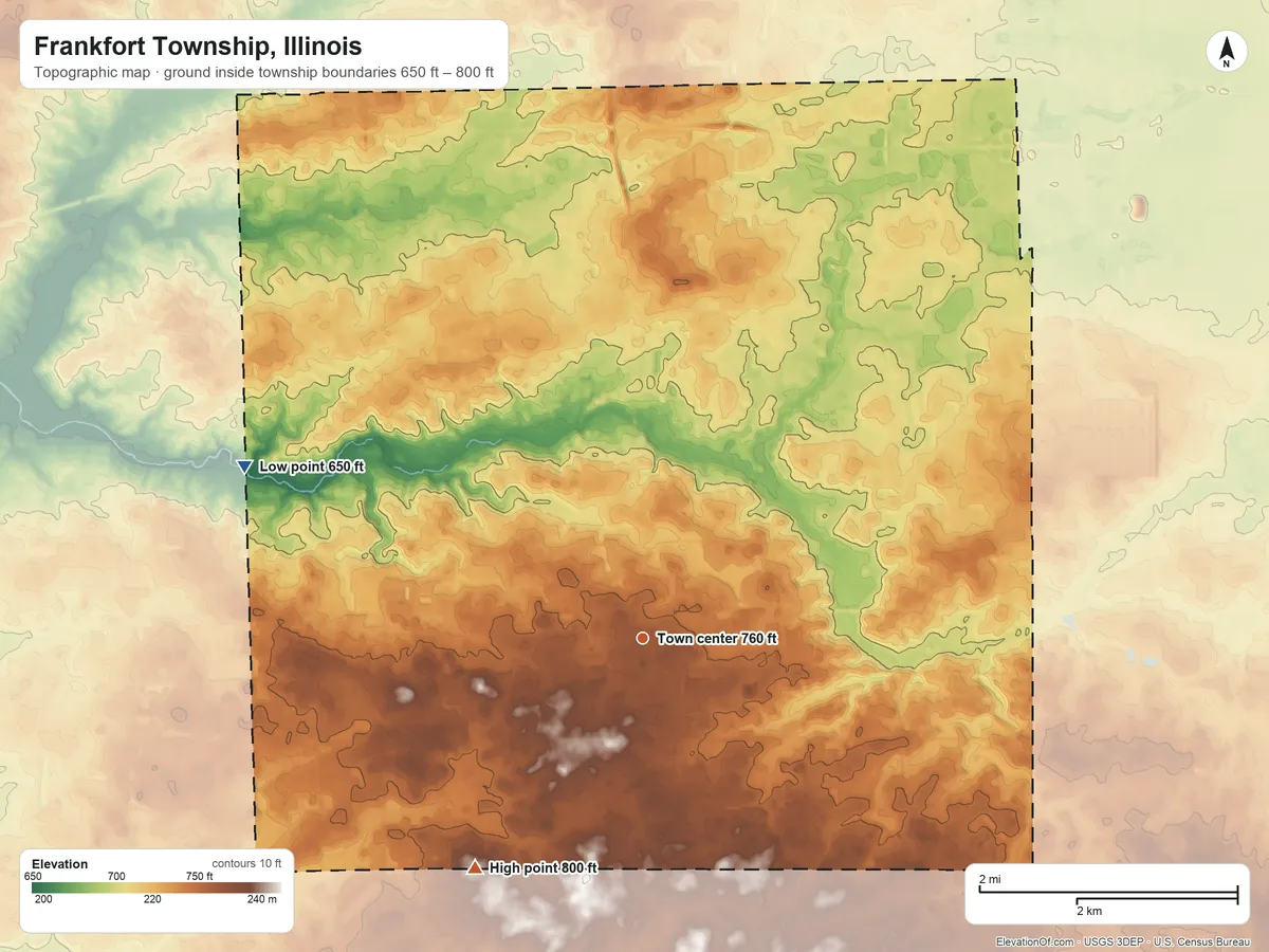Topographic elevation map of Frankfort Township, Illinois, shaded from 650 ft on the northwest side to 800 ft on the southwest side