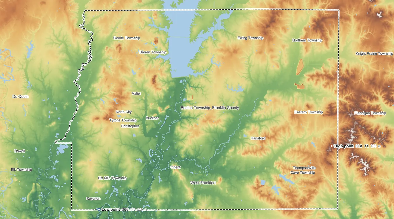 Topographic elevation map of Franklin County, Illinois, shaded from 360 ft on the southwest side to 610 ft on the east side