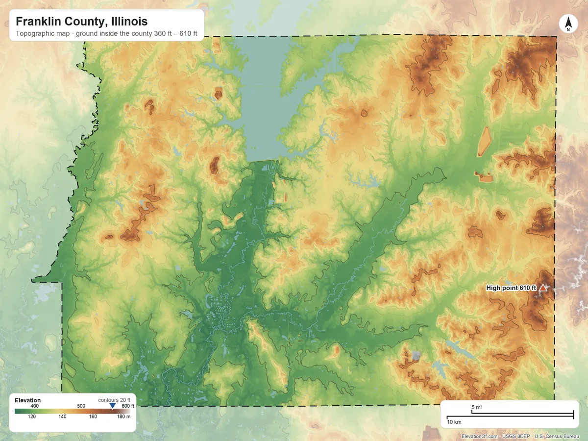 Topographic elevation map of Franklin County, Illinois, shaded from 360 ft on the southwest side to 610 ft on the east side