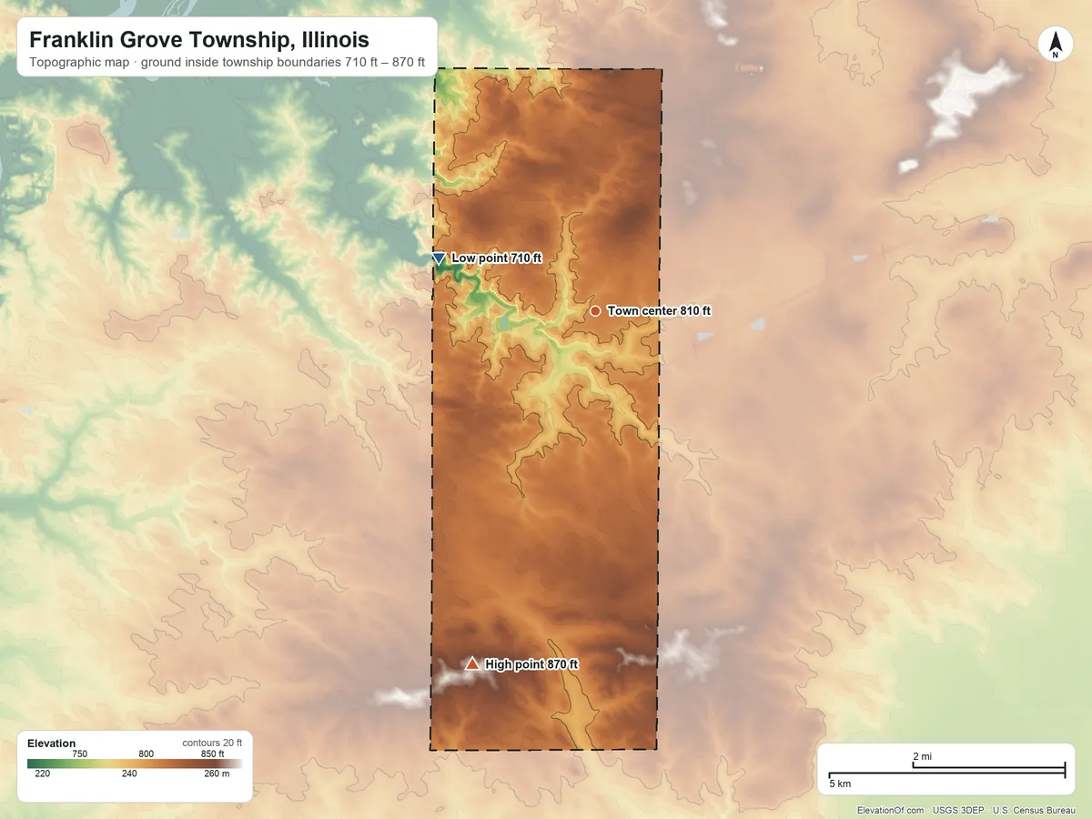 Topographic elevation map of Franklin Grove Township, Illinois, shaded from 710 ft on the west side to 870 ft on the south side