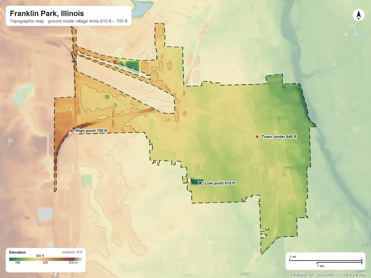 Topographic elevation map of Franklin Park, Illinois, shaded from 610 ft on the southwest side to 700 ft on the west side