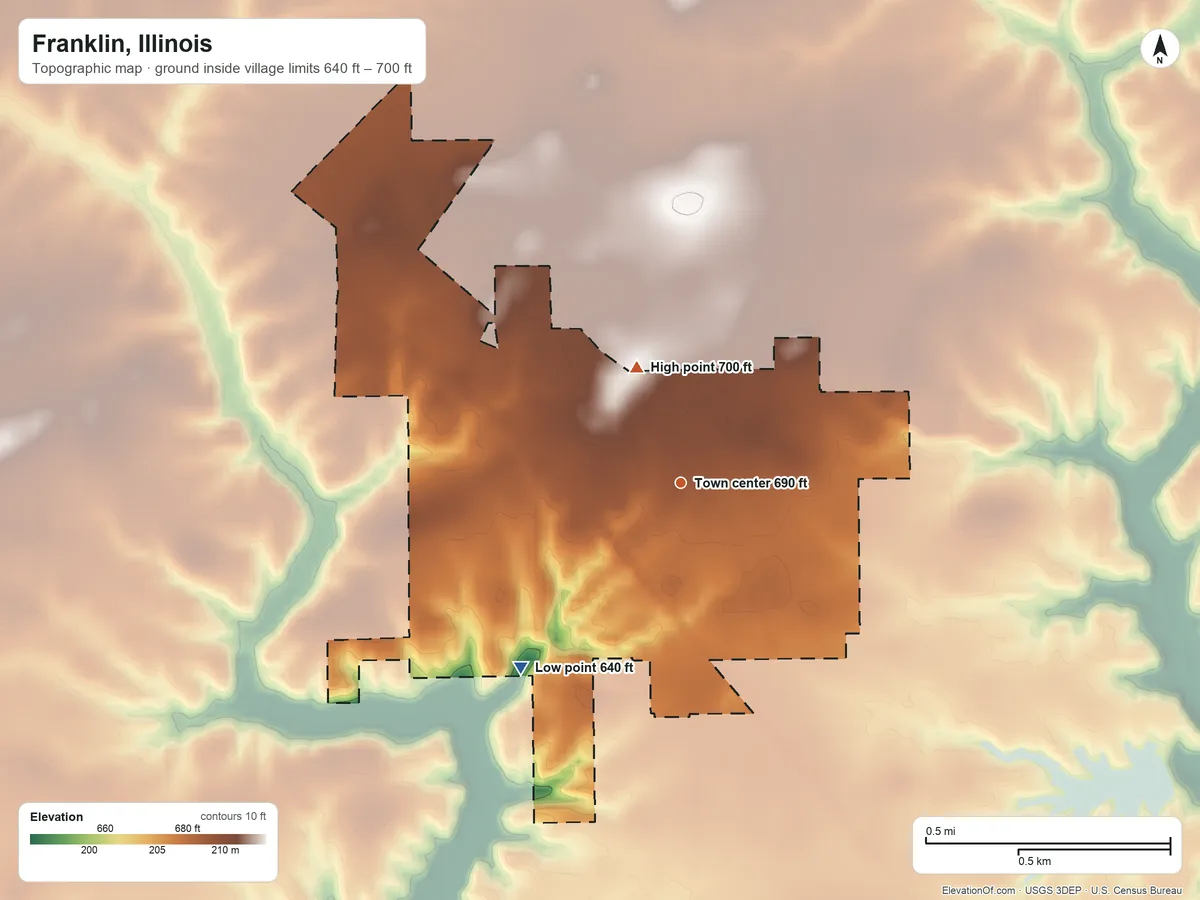 Topographic elevation map of Franklin, Illinois, shaded from 640 ft on the southwest side to 700 ft on the north side