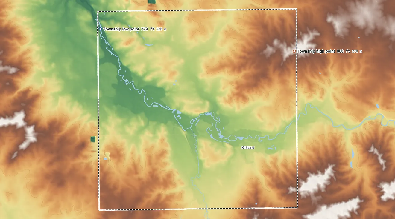 Topographic elevation map of Franklin Township, Illinois, shaded from 720 ft on the northwest side to 880 ft on the northeast side