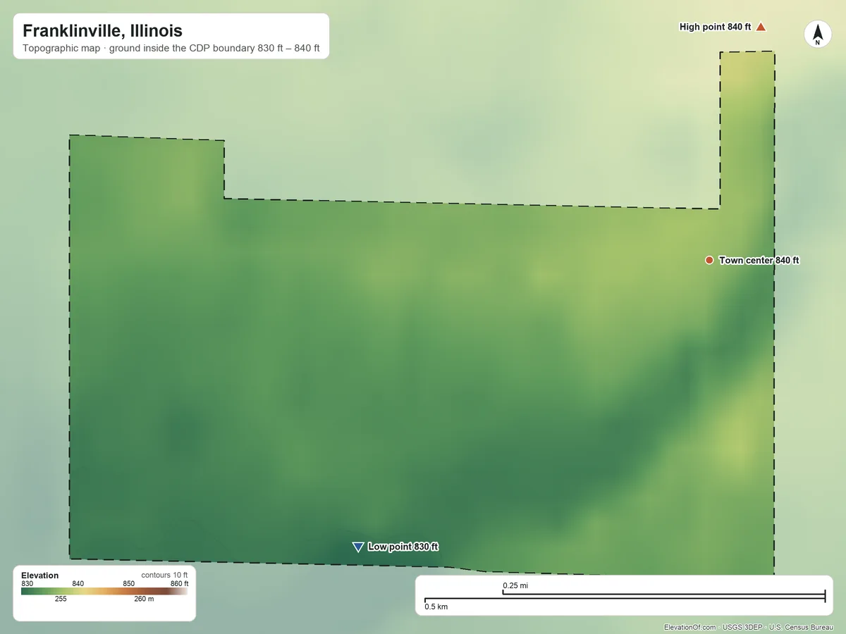 Topographic elevation map of Franklinville, Illinois, shaded from 830 ft on the southwest side to 840 ft on the north side