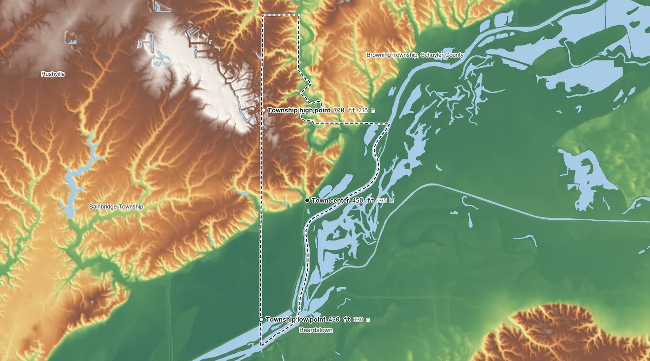 Topographic elevation map of Frederick Township, Illinois, shaded from 430 ft on the south side to 700 ft on the northwest side
