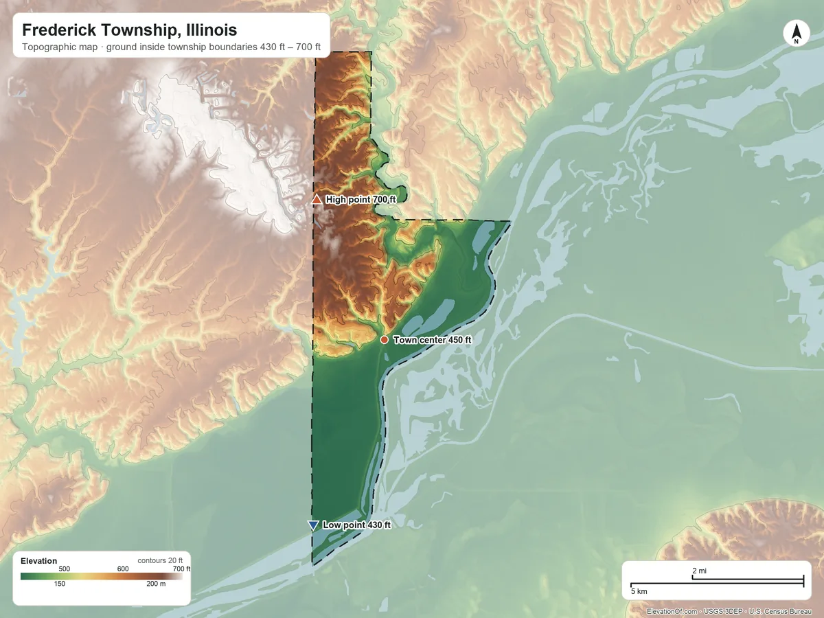 Topographic elevation map of Frederick Township, Illinois, shaded from 430 ft on the south side to 700 ft on the northwest side