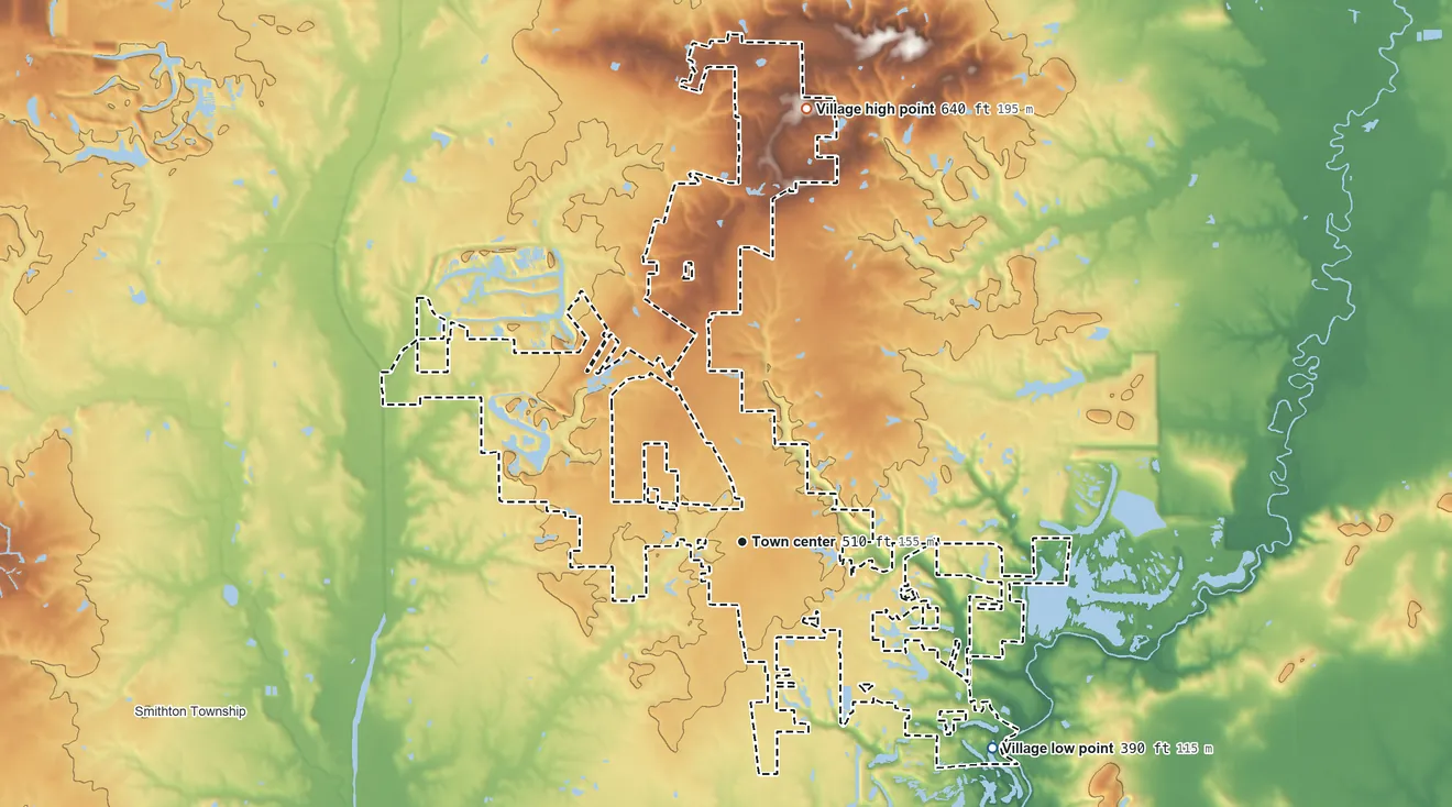 Topographic elevation map of Freeburg, Illinois, shaded from 390 ft on the southeast side to 640 ft on the north side