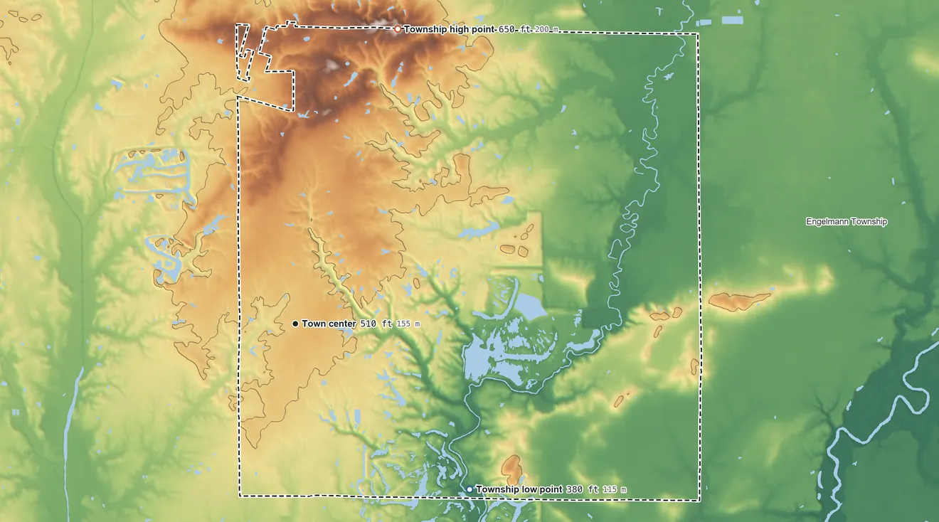 Topographic elevation map of Freeburg Township, Illinois, shaded from 380 ft on the southeast side to 650 ft on the north side