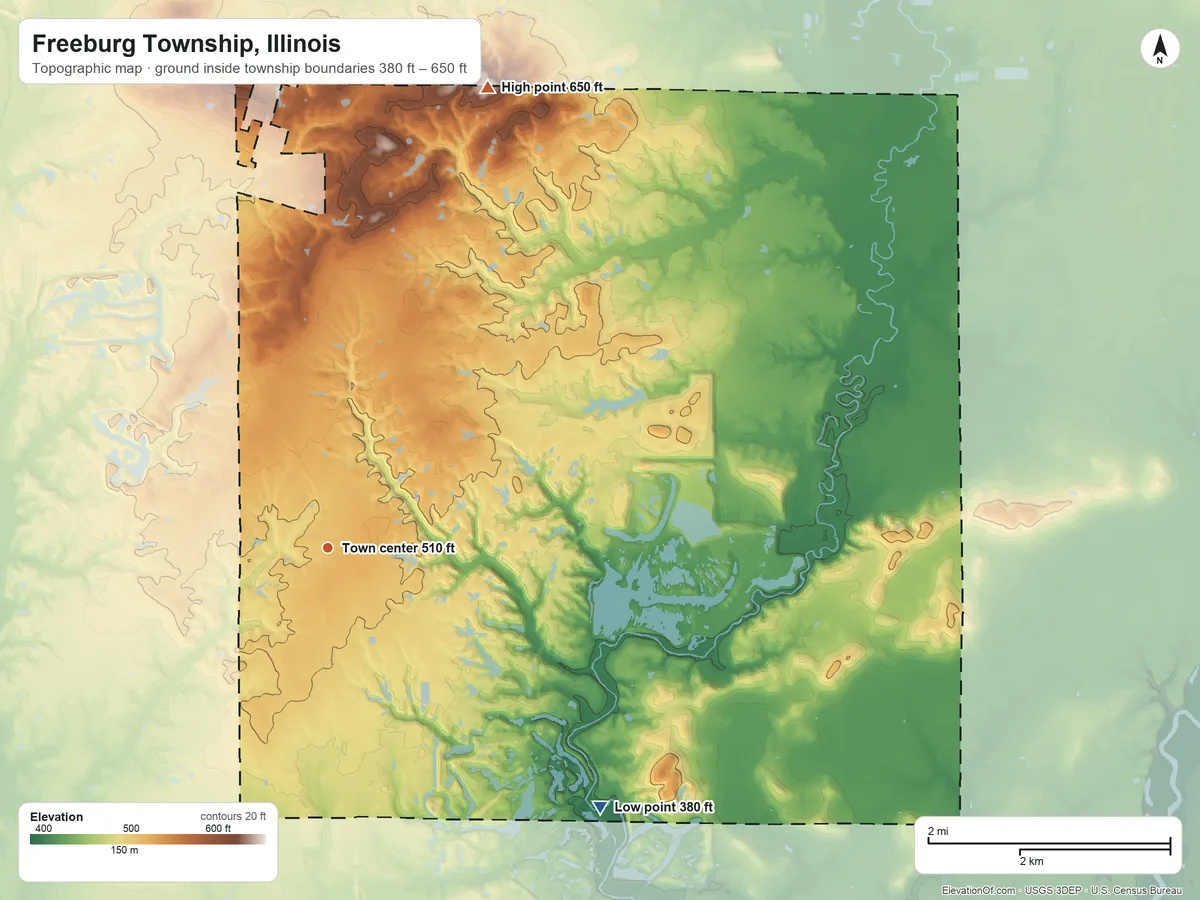 Topographic elevation map of Freeburg Township, Illinois, shaded from 380 ft on the southeast side to 650 ft on the north side