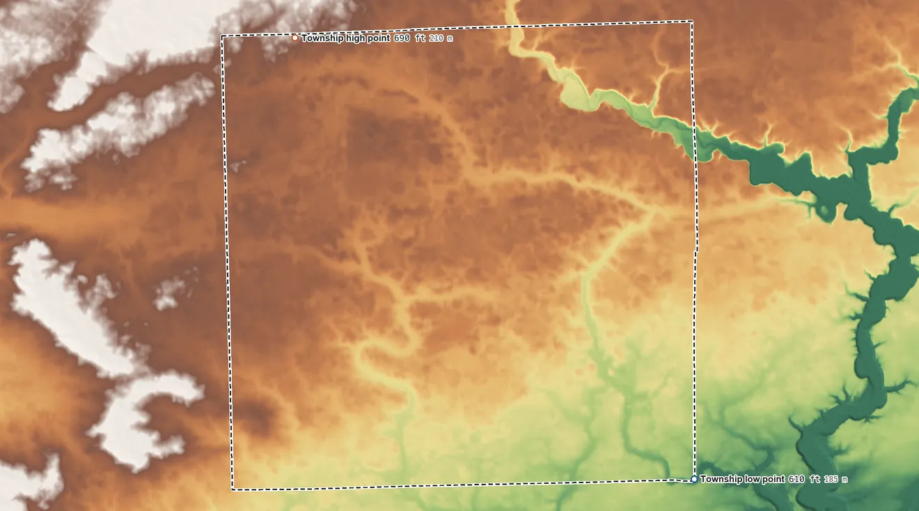 Topographic elevation map of Freedom Township, LaSalle County, Illinois, shaded from 610 ft on the southeast side to 690 ft on the northwest side