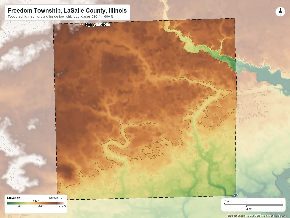 Topographic elevation map of Freedom Township, LaSalle County, Illinois, shaded from 610 ft on the southeast side to 690 ft on the northwest side