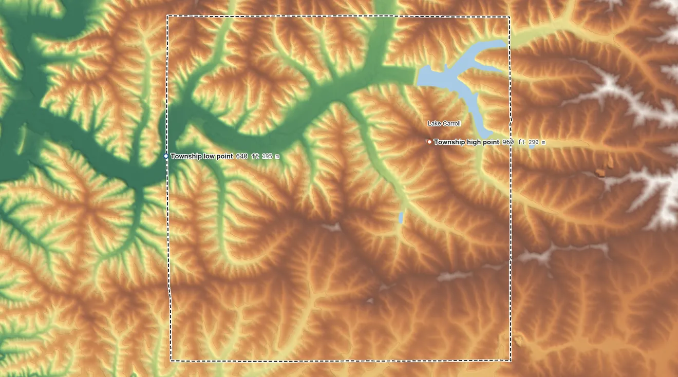Topographic elevation map of Freedom Township, Illinois, shaded from 640 ft on the west side to 960 ft near the middle