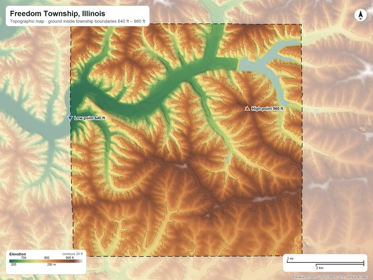 Topographic elevation map of Freedom Township, Illinois, shaded from 640 ft on the west side to 960 ft near the middle