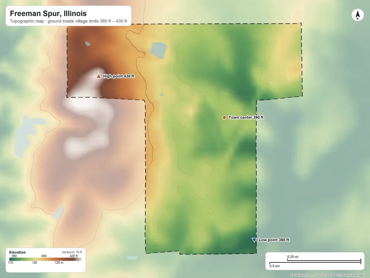 Topographic elevation map of Freeman Spur, Illinois, shaded from 380 ft on the south side to 430 ft on the west side