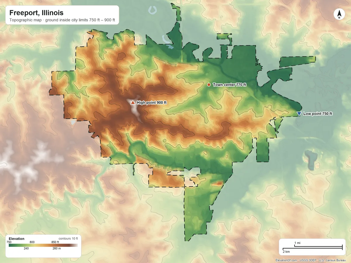 Topographic elevation map of Freeport, Illinois, shaded from 750 ft on the east side to 900 ft on the west side